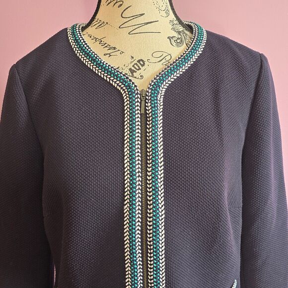 Talbots zipper front navy blazer jacket with pockets embroidered Sz 6 - Picture 10 of 12